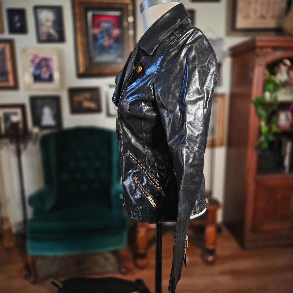 Calvin Klein Leather Jacket Y2K Sample Production Moto Black Fitted Rare GIII‎